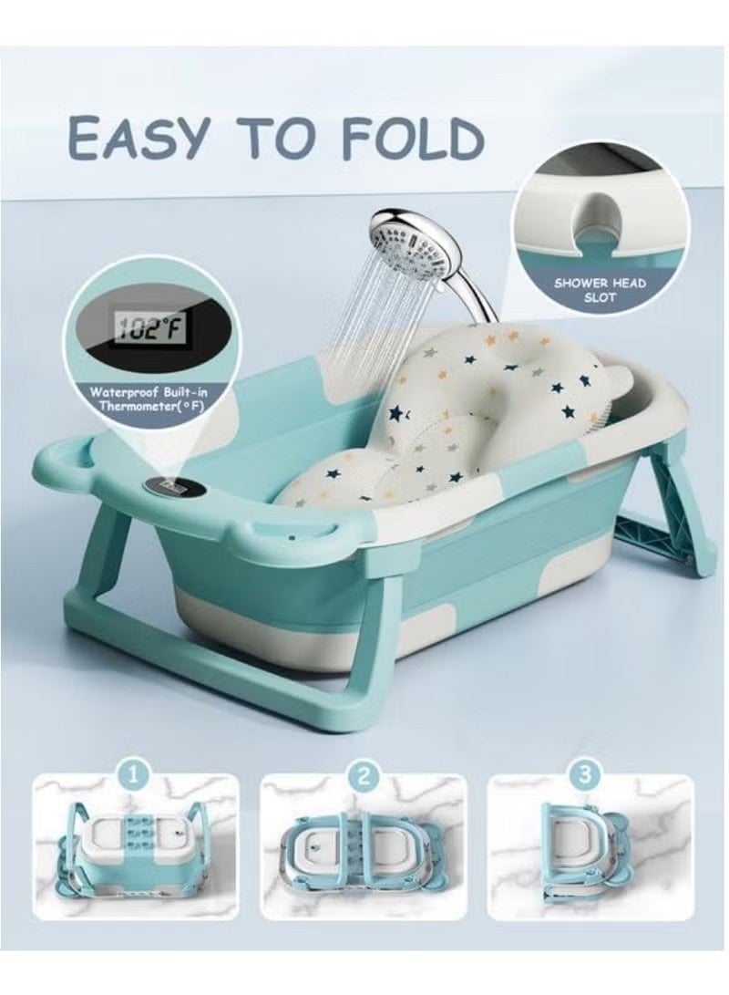 Gonice Foldable Baby Bath tub with Bath Pillow and Water Temperature Gauge, Portable Collapsible Anti Slip Bathtub with Drain Hole - Image 4