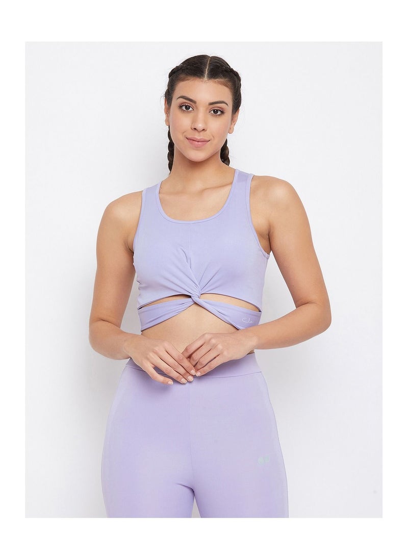 Clovia Snug Fit Active Crop Top with Twist Knot in Lavender  - Image 1