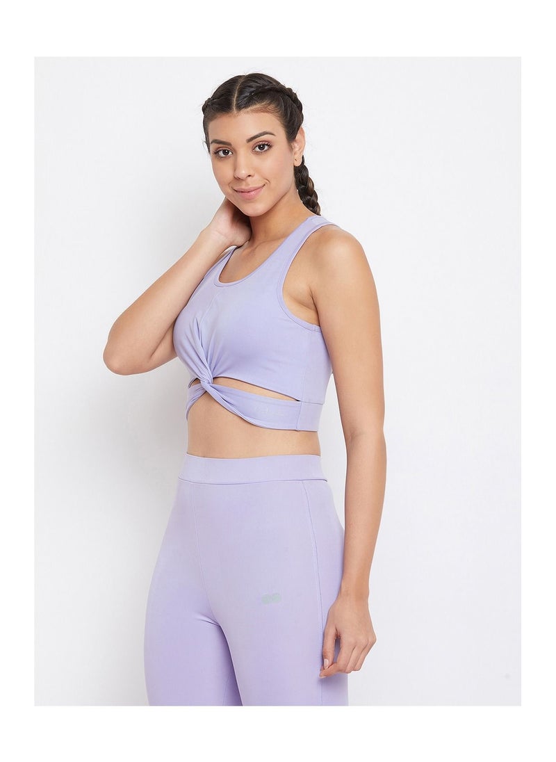 Clovia Snug Fit Active Crop Top with Twist Knot in Lavender  - Image 2