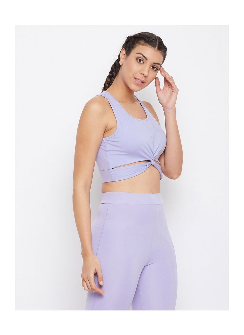 Clovia Snug Fit Active Crop Top with Twist Knot in Lavender  - Image 3
