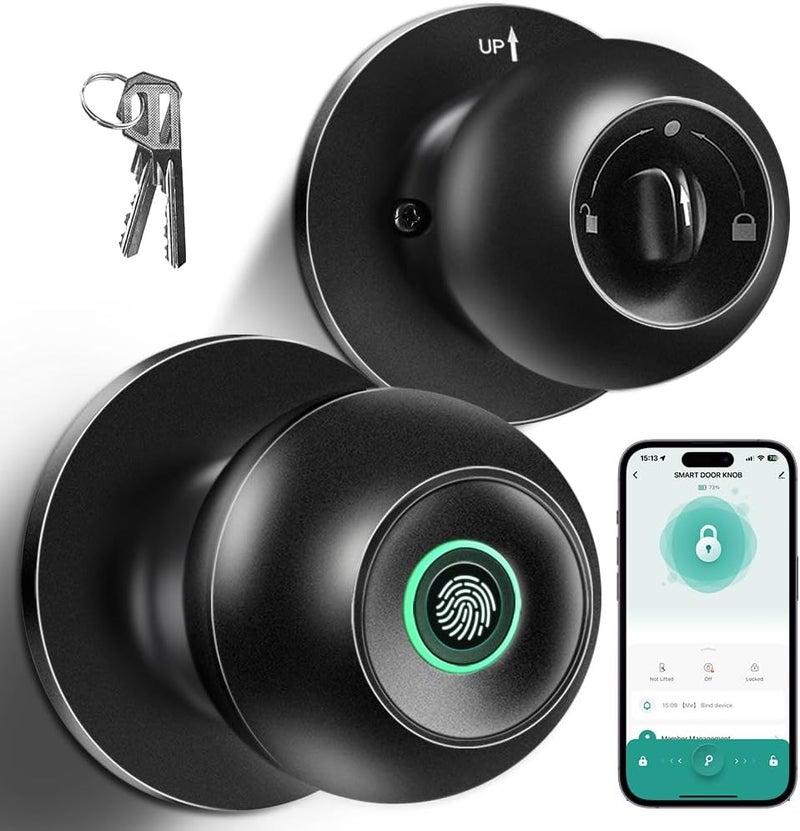 KLLOQUE Fingerprint Door Lock, Smart Fingerprint Door Knob with Lock, Biometric Door knob with App Control & Key, Keyless Thumbprint Entry Door Lock for Bedroom, Front Door, Home, Apartment Office and Garages - Image 1