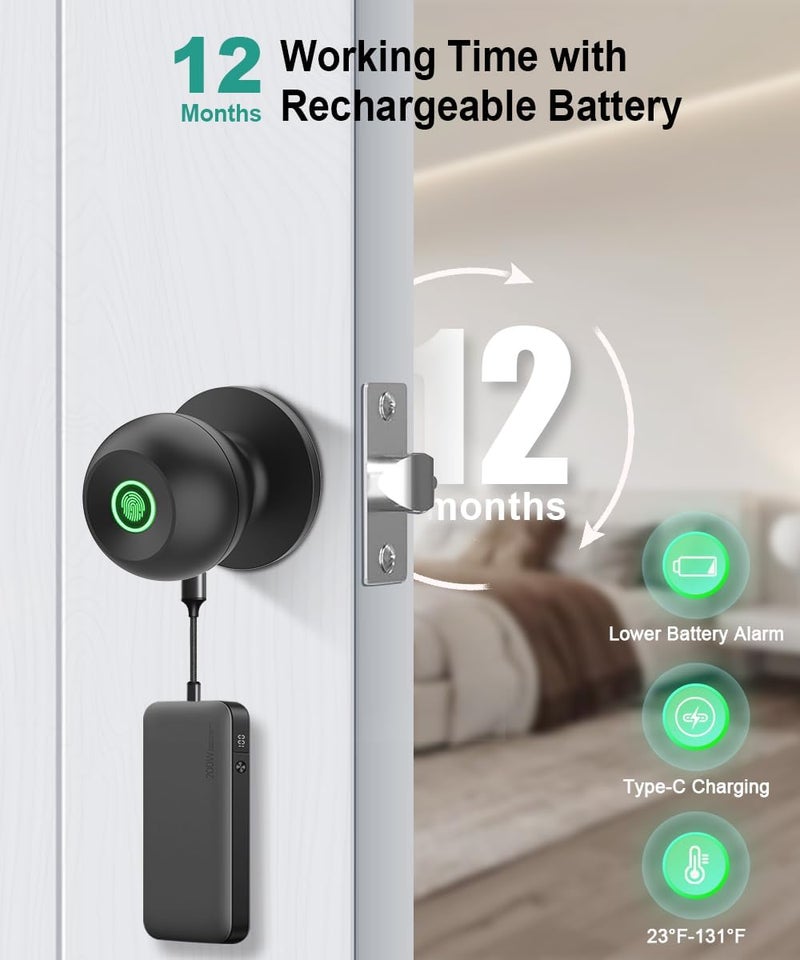 KLLOQUE Fingerprint Door Lock, Smart Fingerprint Door Knob with Lock, Biometric Door knob with App Control & Key, Keyless Thumbprint Entry Door Lock for Bedroom, Front Door, Home, Apartment Office and Garages - Image 4