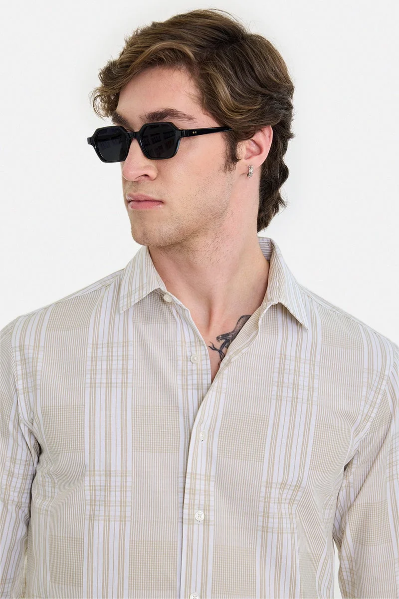 SNITCH Beige Checkered Long Sleeve Slim Fit Formal Luxe Shirt