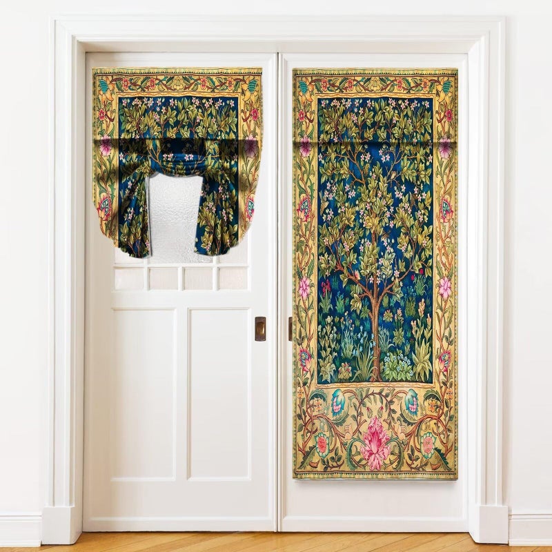 Yearn Jear Door Curtains for Door Windows, William Morris Tree of Life Door Window Curtains for French Glass Door, Privacy Thermal Insulated Tie Up Door Shades, Vintage Flower Small Window Curtains 26 x 70 inch - Image 1