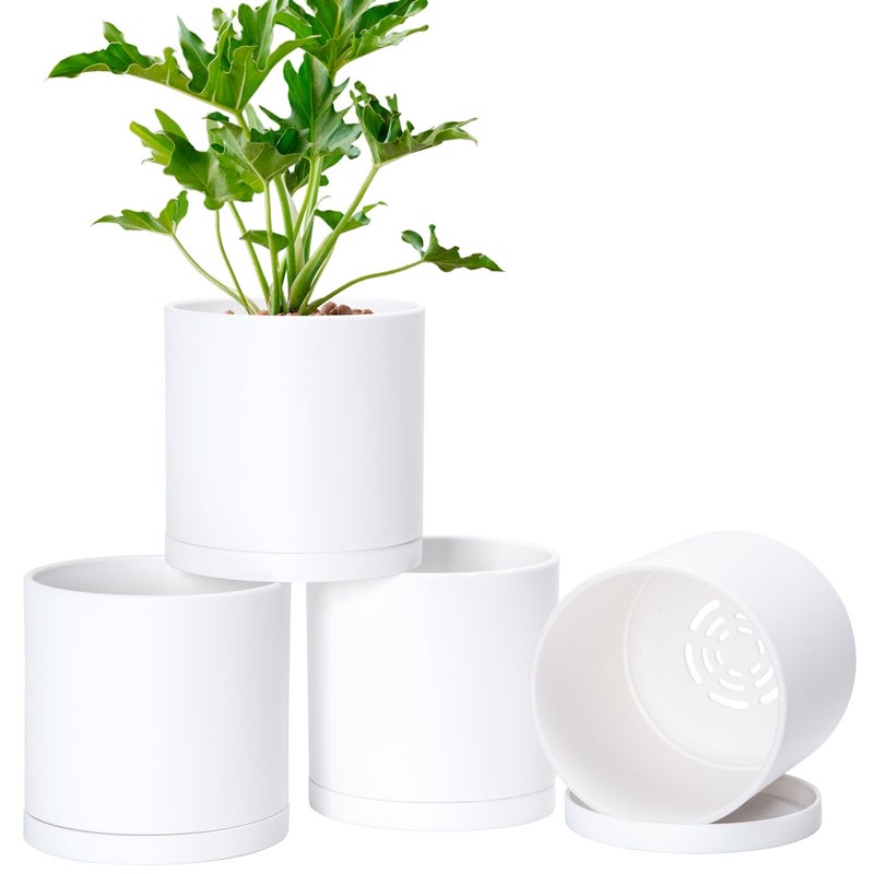 D'vine Dev 4 Pack 6 Inch Modern Plastic Plant Pots, Small Garden Planters for Plant with Drainage Holes and Saucers, White Color, 74-Z-J-2 - Image 1