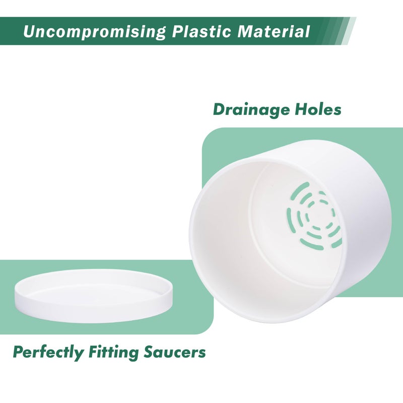 D'vine Dev 4 Pack 6 Inch Modern Plastic Plant Pots, Small Garden Planters for Plant with Drainage Holes and Saucers, White Color, 74-Z-J-2 - Image 4