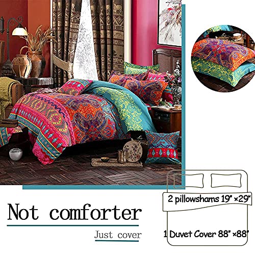 FADFAY Exotic Boho Duvet Cover Set Queen 100% Brushed Cotton Soft Bohemian Bedding Red Teal Mandala Printed Bedding Reversible Striped Zipper Bed Comforter Cover + 2 Pillowshams- Queen, 3 Pcs - Image 4