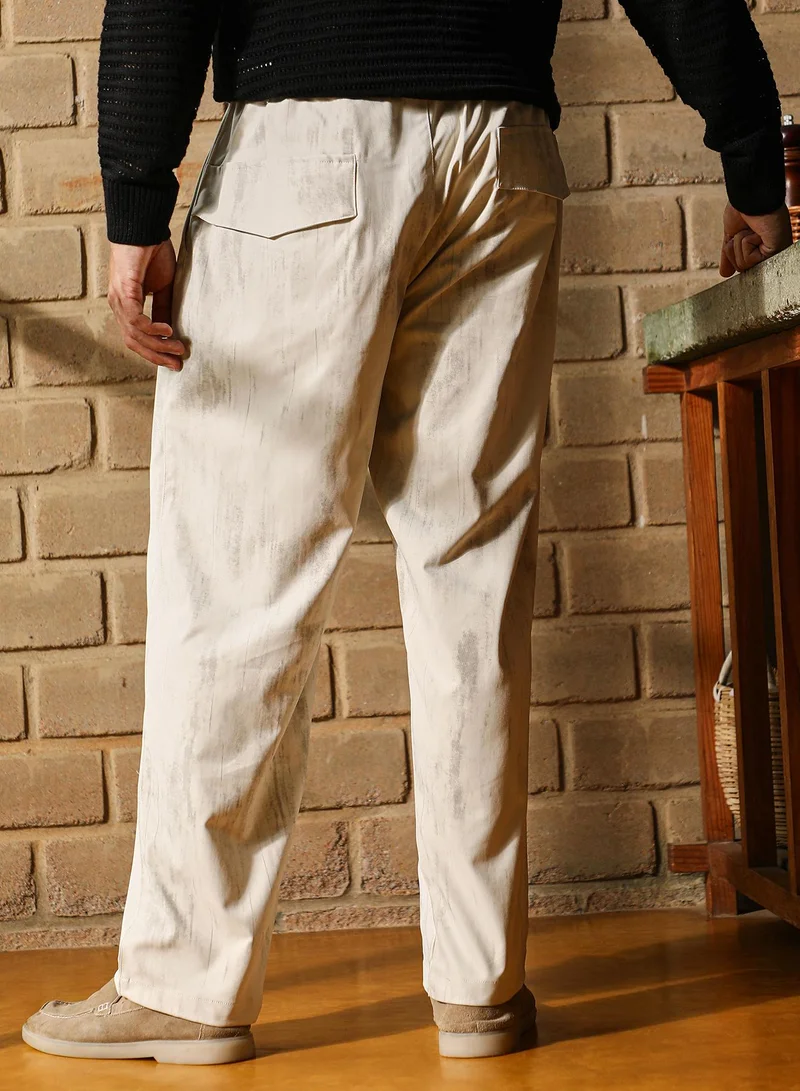 Campus Sutra  Men Gazed-Imprint Relaxed Trousers | Mid-Rise, Elasticated Stretch | Pull On , Straight Hem | Abstract Print Twill | Woven Fabric For Casual & Street Wear | Ivory White for Men | Best Price UAE