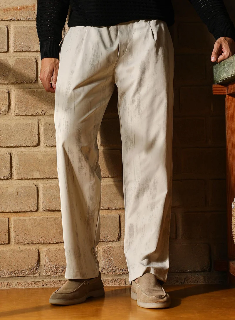 Campus Sutra Men Gazed-Imprint Relaxed Trousers | Mid-Rise, Elasticated Stretch | Pull On , Straight Hem | Abstract Print Twill | Woven Fabric For Casual & Street Wear | Ivory White