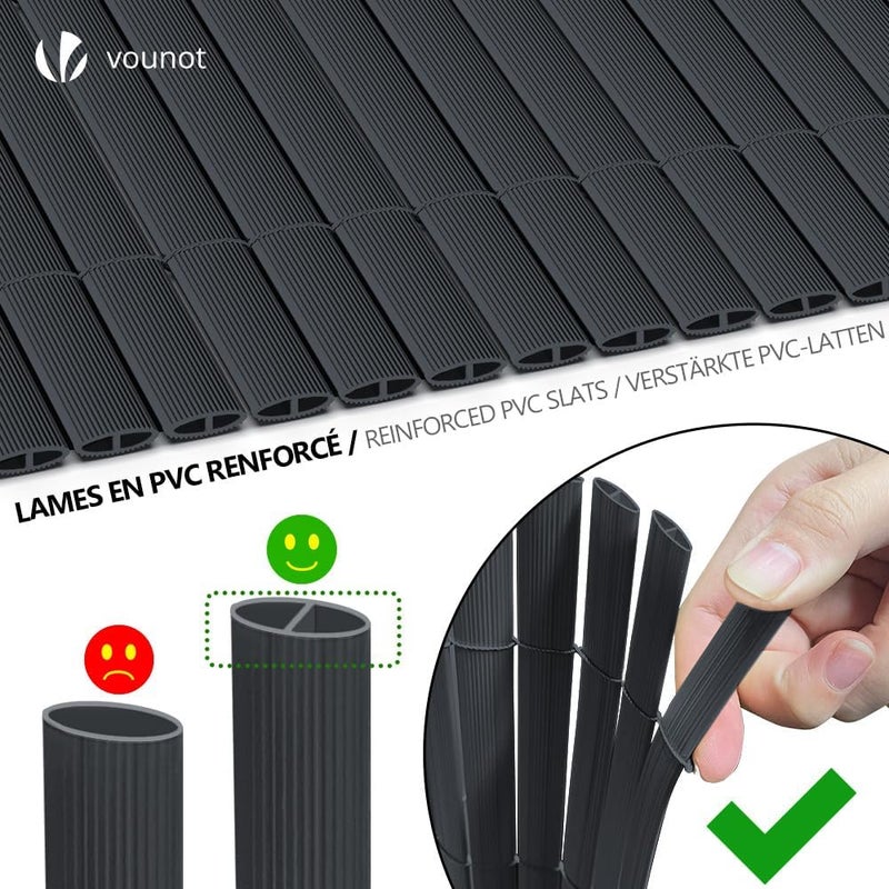 VOUNOT سياج حماية الخصوصية من PVC، مقاس 80 × 300 سم، مزود بدعامات مقواة لحماي�� الخصوصية في الحديقة والشرفة والتراس، يوفر حماية من الرياح وأشعة الشمس في الهواء الطلق، لون رمادي - Image 2