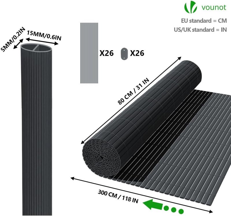 VOUNOT سياج حماية الخصوصية من PVC، مقاس 80 × 300 سم، مزود بدعامات مقواة لحماي�� الخصوصية في الحديقة والشرفة والتراس، يوفر حماية من الرياح وأشعة الشمس في الهواء الطلق، لون رمادي - Image 5