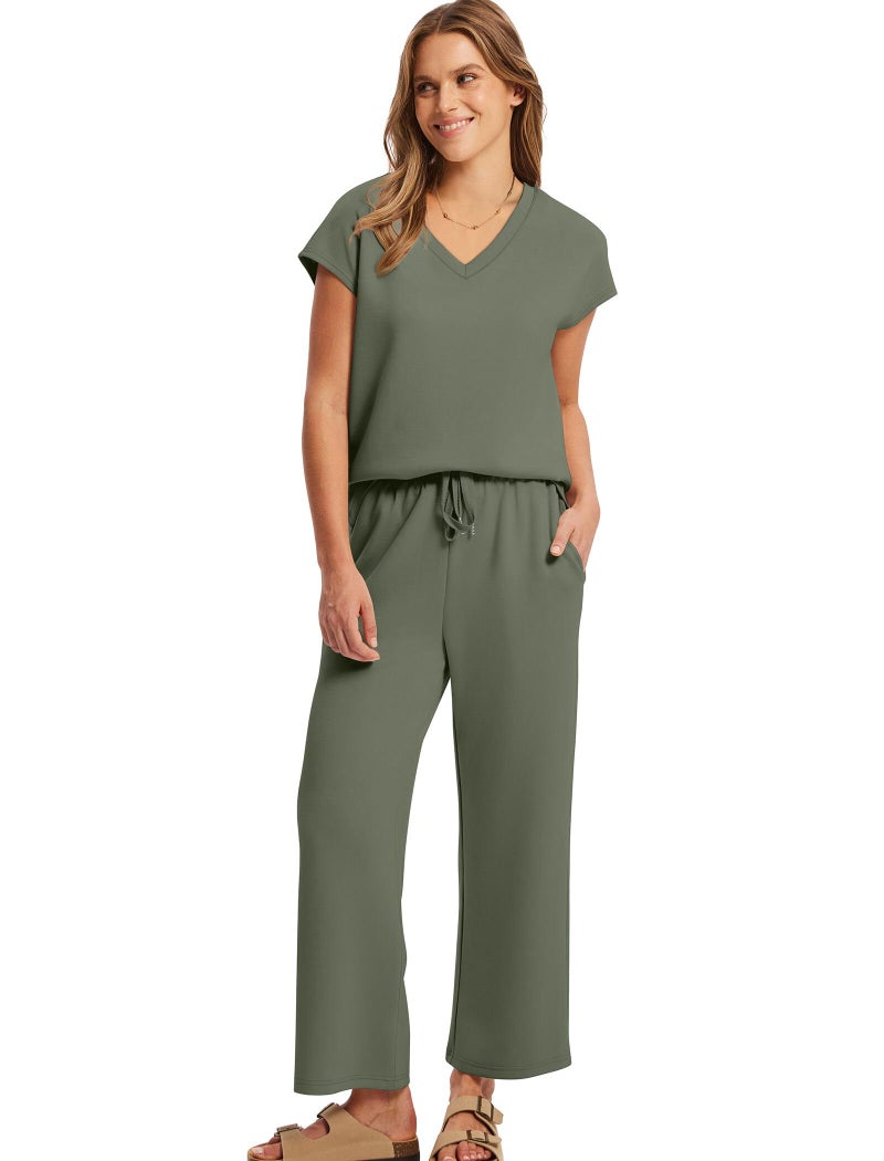 Saloogoe travel Outfits for Women capri pants for women dressy casual stretch 2 Piece matching Sets women Clothing Casual Cozy Wide Leg Pants Woman Green L - Image 3