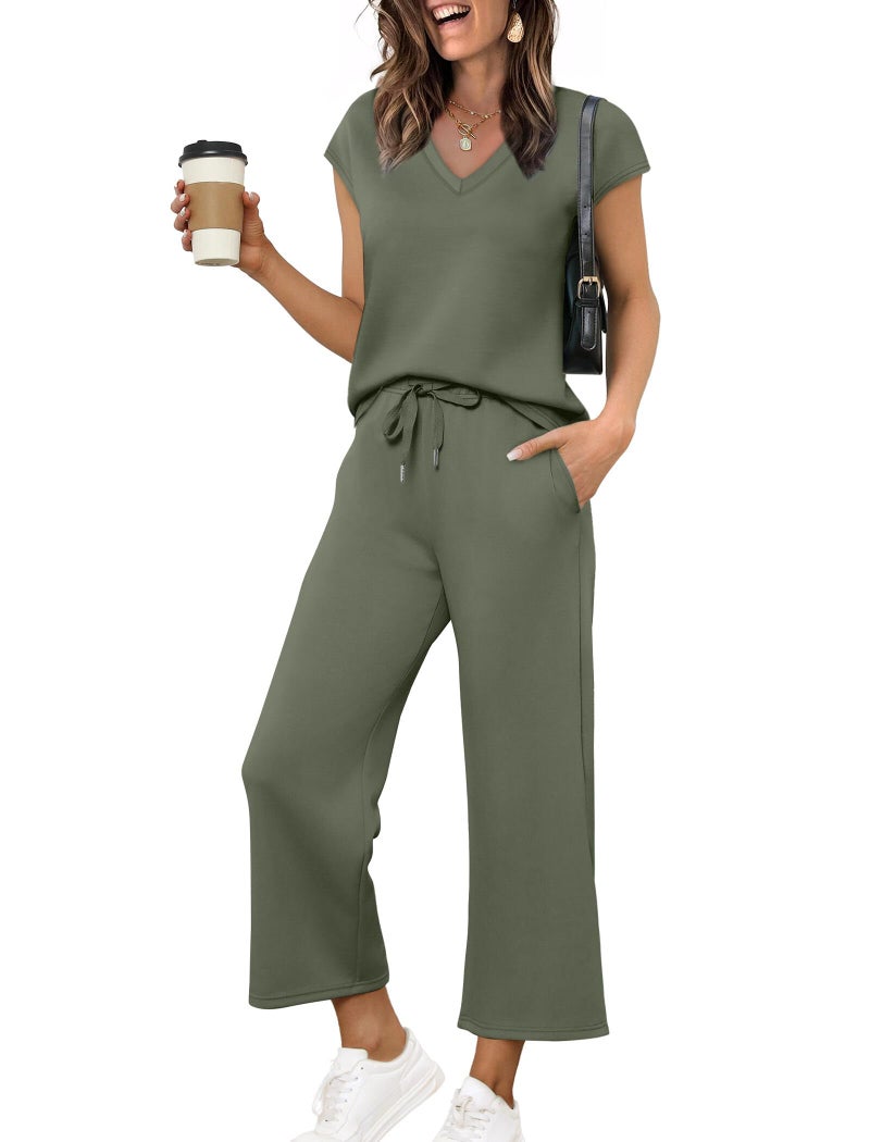 Saloogoe travel Outfits for Women capri pants for women dressy casual stretch 2 Piece matching Sets women Clothing Casual Cozy Wide Leg Pants Woman Green L - Image 1