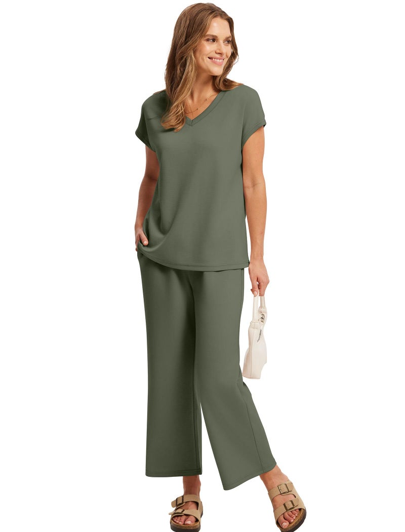 Saloogoe travel Outfits for Women capri pants for women dressy casual stretch 2 Piece matching Sets women Clothing Casual Cozy Wide Leg Pants Woman Green L - Image 4