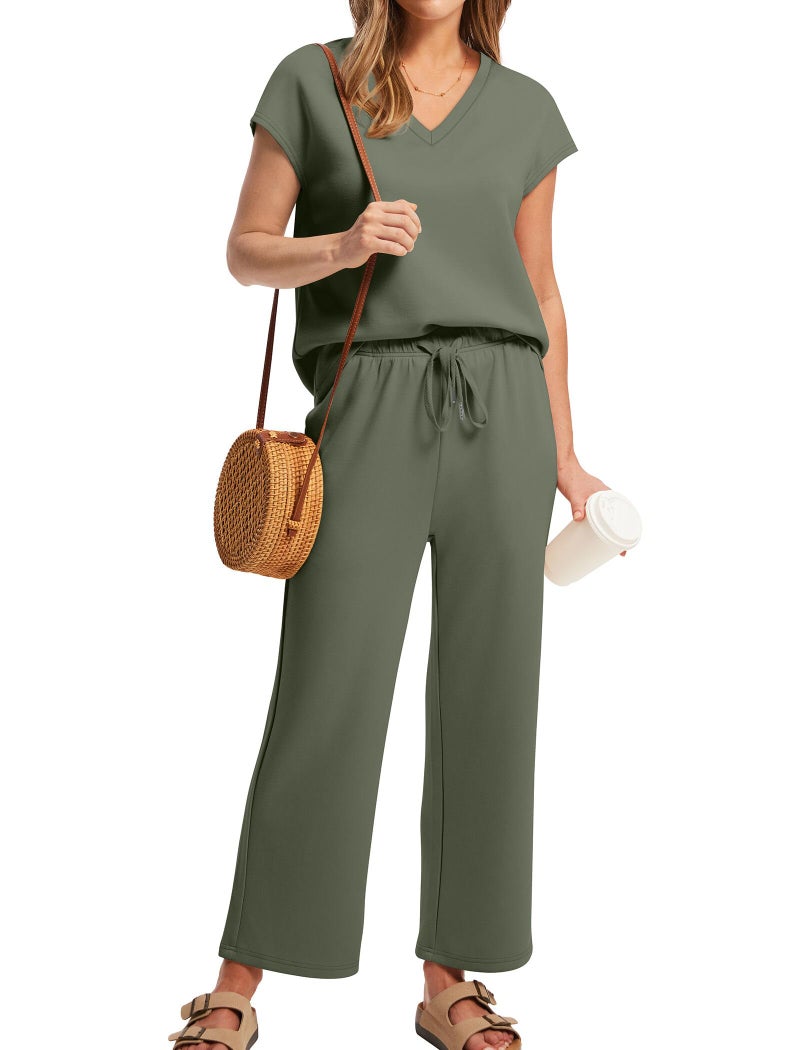 Saloogoe travel Outfits for Women capri pants for women dressy casual stretch 2 Piece matching Sets women Clothing Casual Cozy Wide Leg Pants Woman Green L - Image 2
