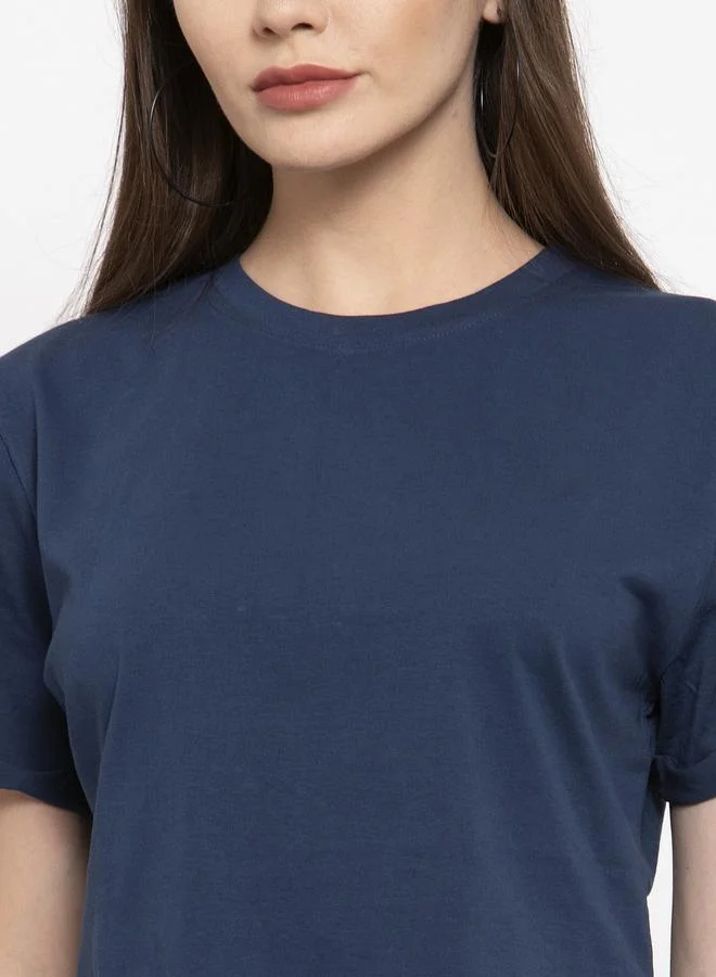 Styli Navy Blue Cotton Short Sleeve Crop T-Shirt By Door74