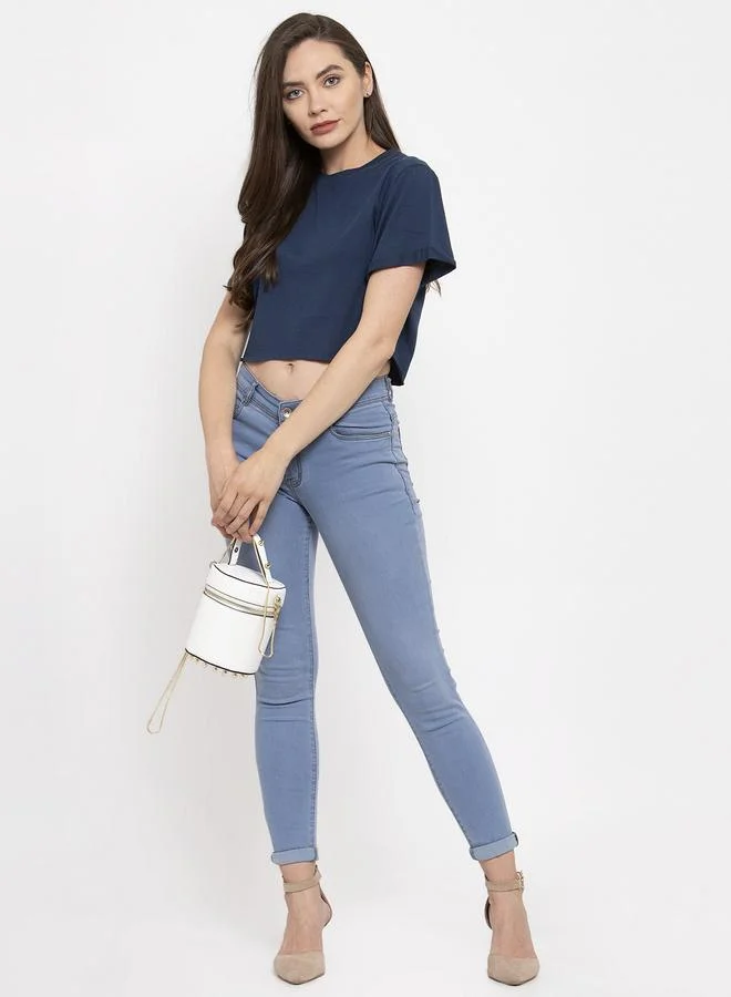 Styli Navy Blue Cotton Short Sleeve Crop T-Shirt By Door74