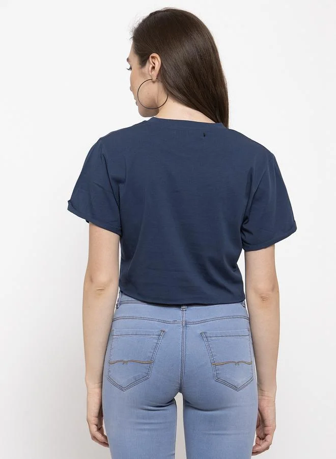Styli Navy Blue Cotton Short Sleeve Crop T-Shirt By Door74