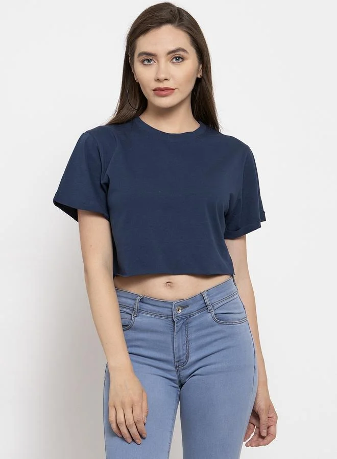Take Two Navy Blue Cotton Short Sleeve Crop T-Shirt