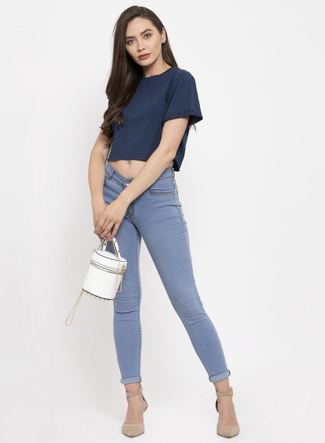 Take Two Navy Blue Cotton Short Sleeve Crop T-Shirt - Image 3