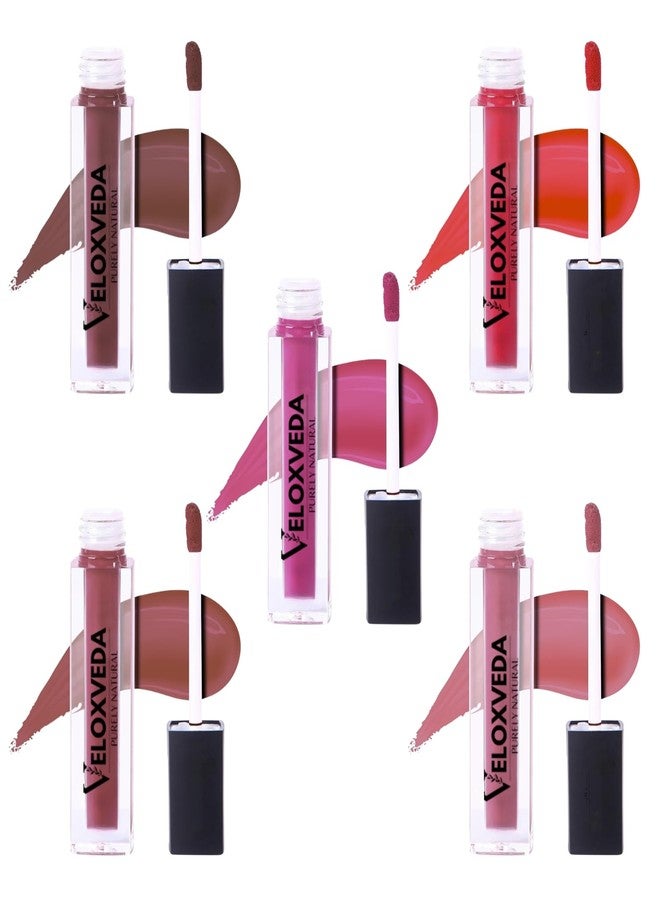 Veloxveda Purely Natural Liquid Lipstick Combo (Set of 5) - Bold & Vibrant Edition | Long Lasting, Matte Finish, Waterproof | Shades: Hot Pink, Ruby Red, Magenta & Coral - Image 2