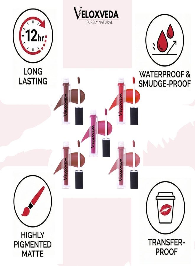 Veloxveda Purely Natural Liquid Lipstick Combo (Set of 5) - Bold & Vibrant Edition | Long Lasting, Matte Finish, Waterproof | Shades: Hot Pink, Ruby Red, Magenta & Coral - Image 3