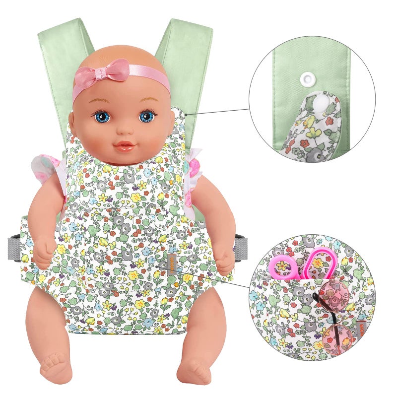 GAGAKU GAGAKU Baby Doll Carrier Stuffed Animal Carrier for Girls Doll Accessory Adjustable Straps for 12 to 20 inch Reborn Baby Dolls - Green Flowers  - Image 2