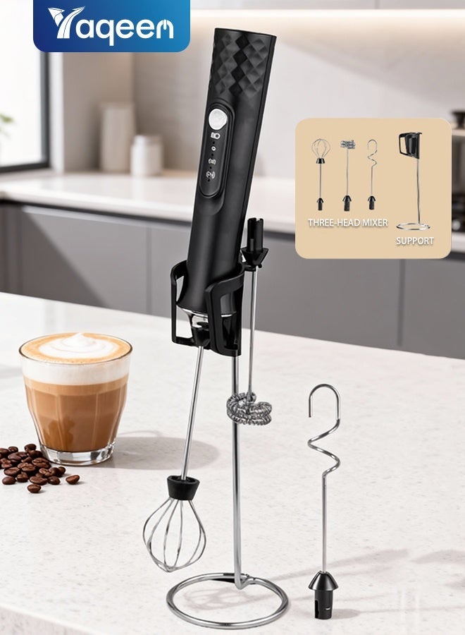 Yaqeen Milk Frother Handheld with Stand 3 Stainless Whisks USB-C Charging, Powerfull Coffee Frother Egg Beater & Mixer 3 In 1 Rechargeable  Low Noise Compact Design For Coffee Lattes Cappuccinos And Jam, Baby Food - Image 1