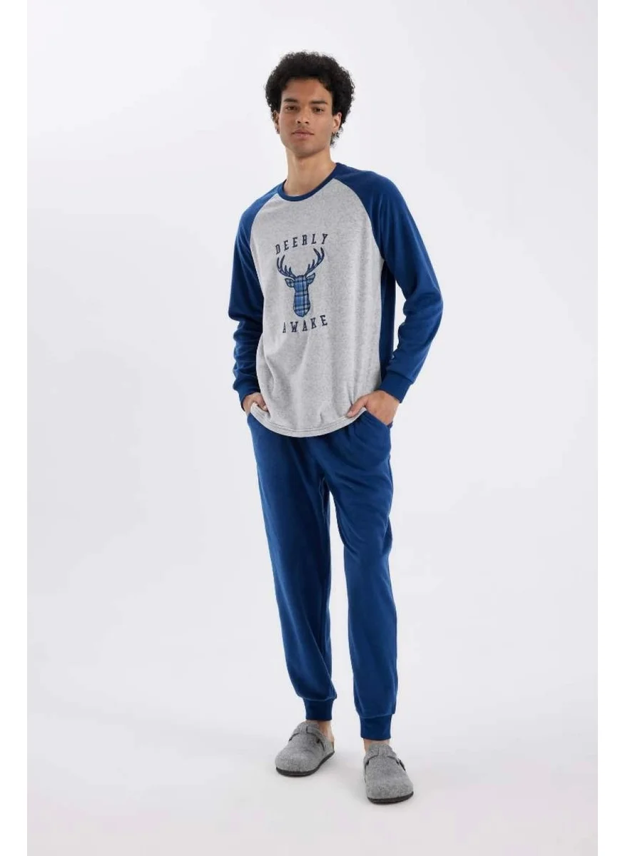 DeFacto C6100 Regular Fit Polar Fleece Pajama Set Printed Long Sleeve Top Long Bottom