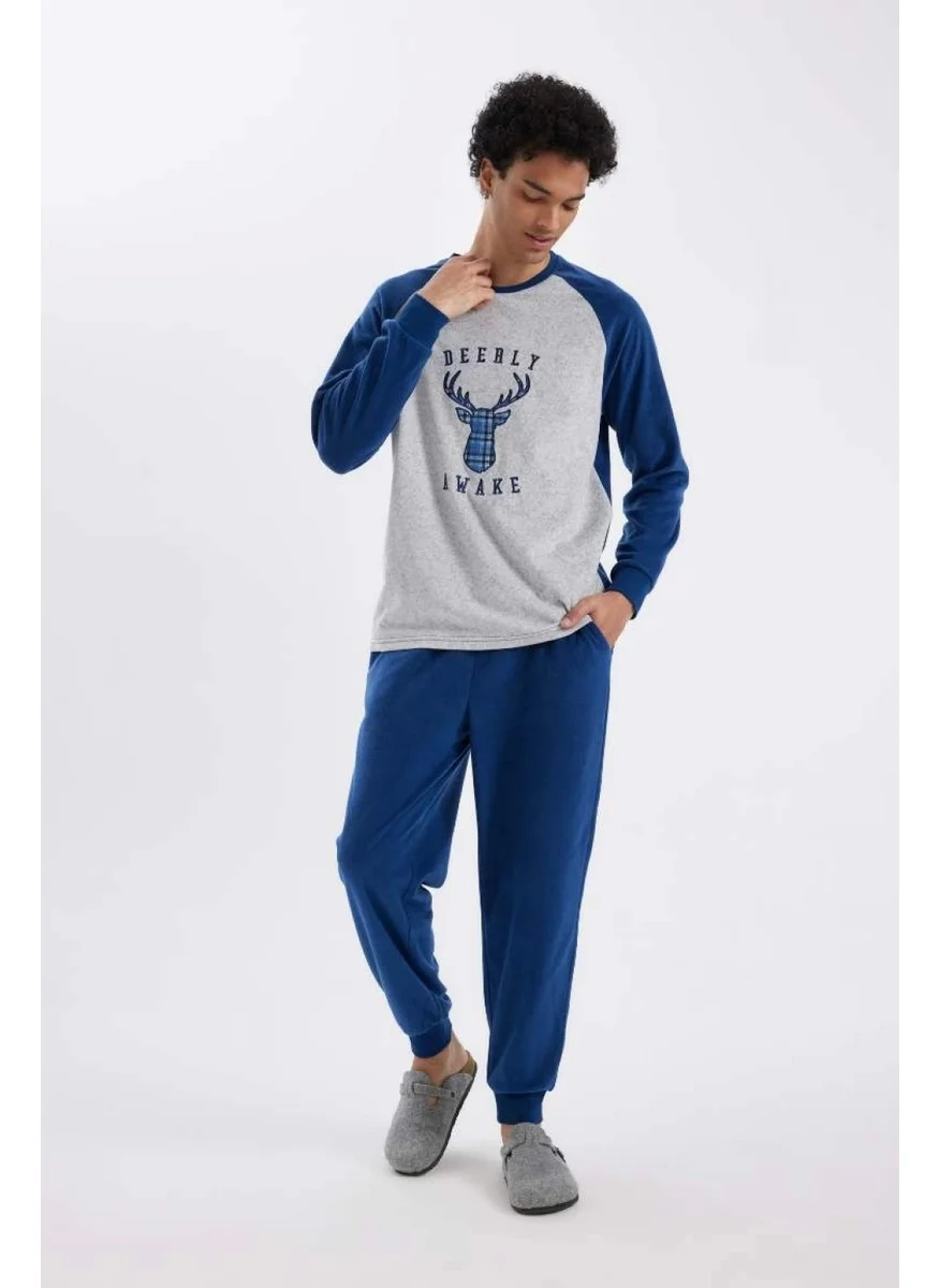 DeFacto C6100 Regular Fit Polar Fleece Pajama Set Printed Long Sleeve Top Long Bottom
