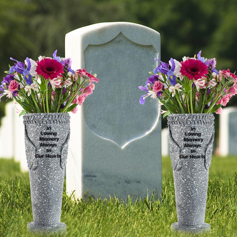 Mibung 2 Pack Cemetery Grave Flower Vase Wings Wings Wings مع مسامير أرضية لزهور الزهور الطازجة/الاصطناعية مقابر مقبرة القبر الهدايا التذكارية لفقدان أحد أفراد أسرته