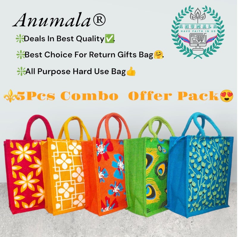 Anumala Unisex Earthly Elegance The Eco-Friendly Jute Tote Bags Beautiful Print For Return Gifts,Office,Grocery,Picnic,Tote,Tiffin,Size-11X5X10 Inch (Pack Of 5) - Image 4
