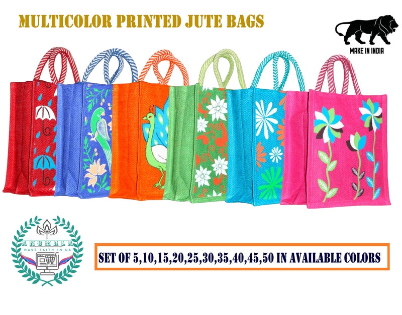 Anumala Unisex Earthly Elegance The Eco-Friendly Jute Tote Bags Beautiful Print For Return Gifts,Office,Grocery,Picnic,Tote,Tiffin,Size-11X5X10 Inch (Pack Of 5) - Image 3