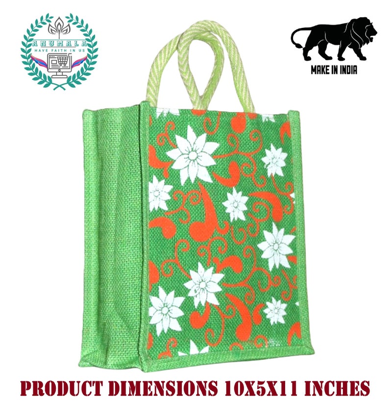 Anumala Unisex Earthly Elegance The Eco-Friendly Jute Tote Bags Beautiful Print For Return Gifts,Office,Grocery,Picnic,Tote,Tiffin,Size-11X5X10 Inch (Pack Of 5) - Image 2