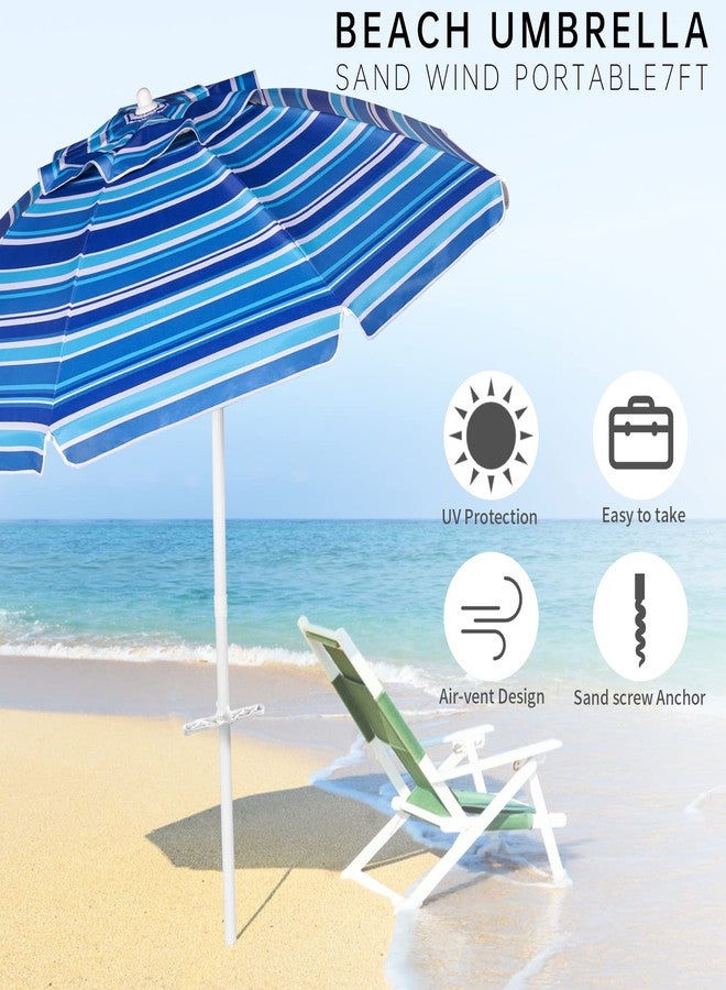 Aoxun Beach Umbrella, 7ft Beach Umbrella with Tilt Pole, Portable Umbrella with Sand Anchor and Carry Bag, UPF 50+ Sun Shelter with Air Vents Design for Sand and Outdoor Activities (Navy Blue & White) - Image 3