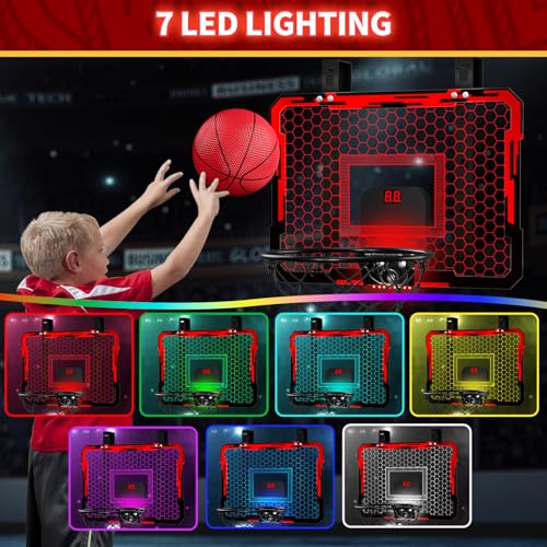 QDRAGON Indoor Basketball Hoop for Kids Over The Door Mini Basketball Hoops with 7 LED Lighting Basketball Toys Gifts for 5 6 7 8 9 10 11 12 Year Old Boys Girls Teens Red - Image 5