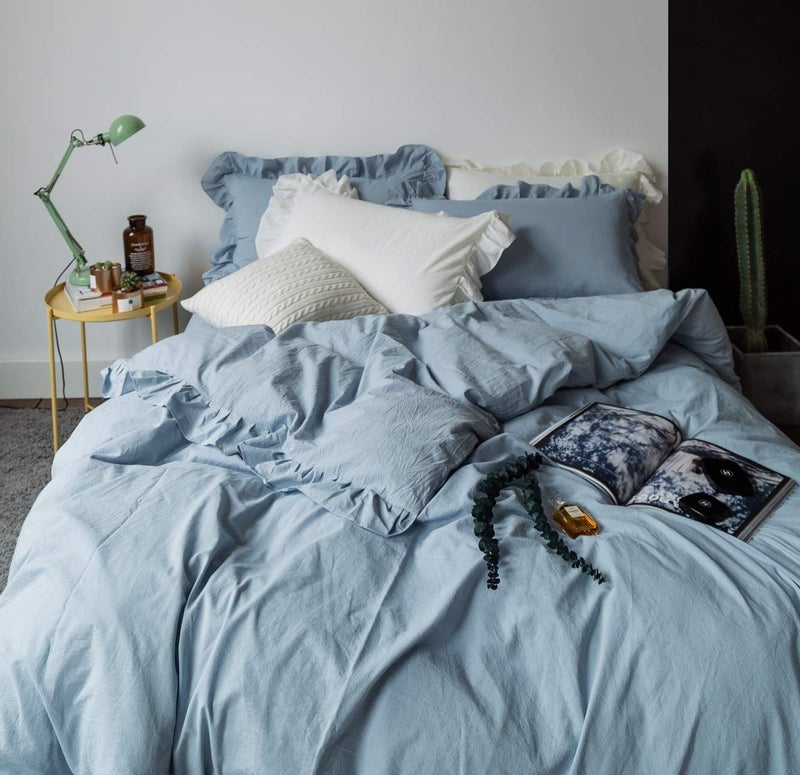 SUSYBAO Blue Ruffle Duvet Cover Queen 100% Washed Cotton Light Blue Farmhouse Duvet Cover Set 3 Pieces 1 Blue Princess Duvet Cover with Zipper Ties 2 Pillow Shams Luxury Soft Shabby Chic Bedding Set - Image 3