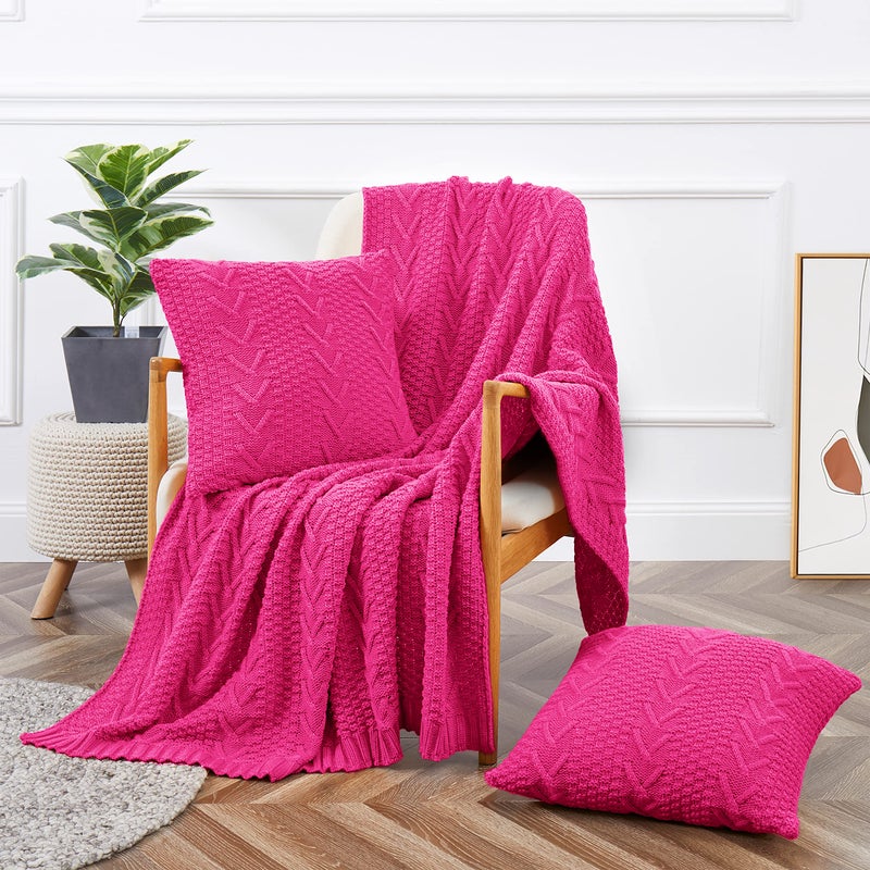بطانية أرمينزي المحبوكة 50 × 60 وغطائي وسادة 18 × 18 مجموعة بطانيات زينة باللون الوردي الساخن من 3 قطع