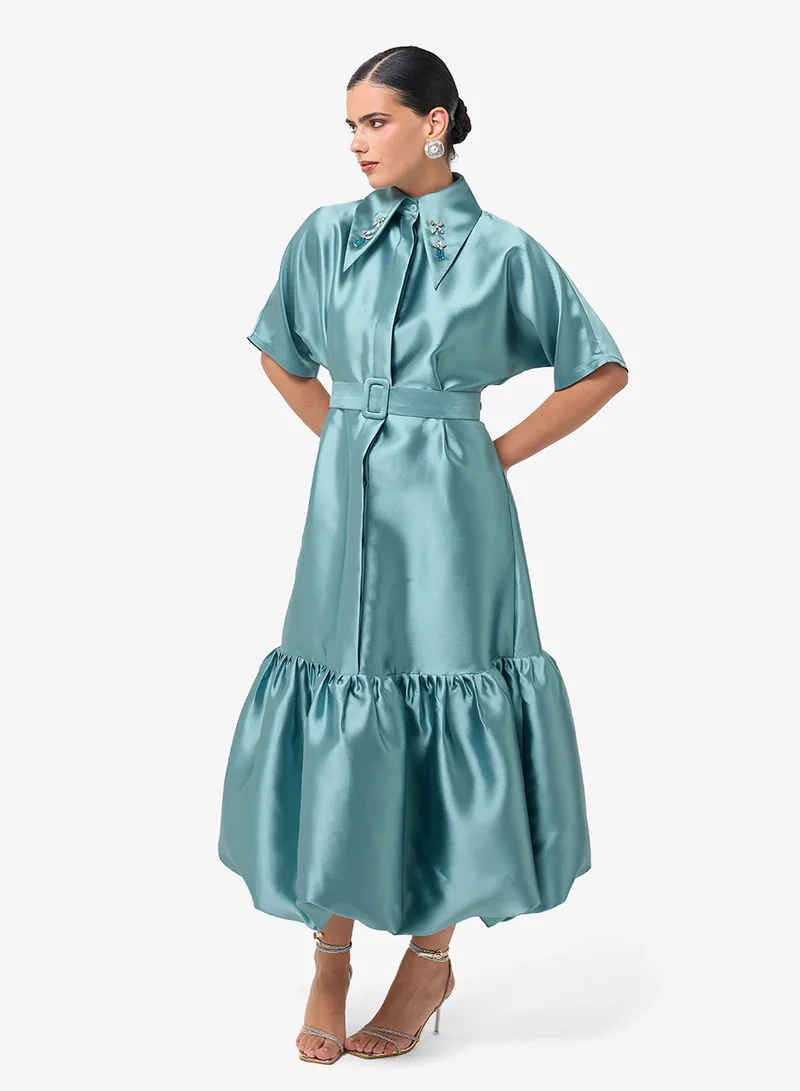 Threadz by Ajooni  Button Detail Belted Midi Dress for Women | Best Price UAE