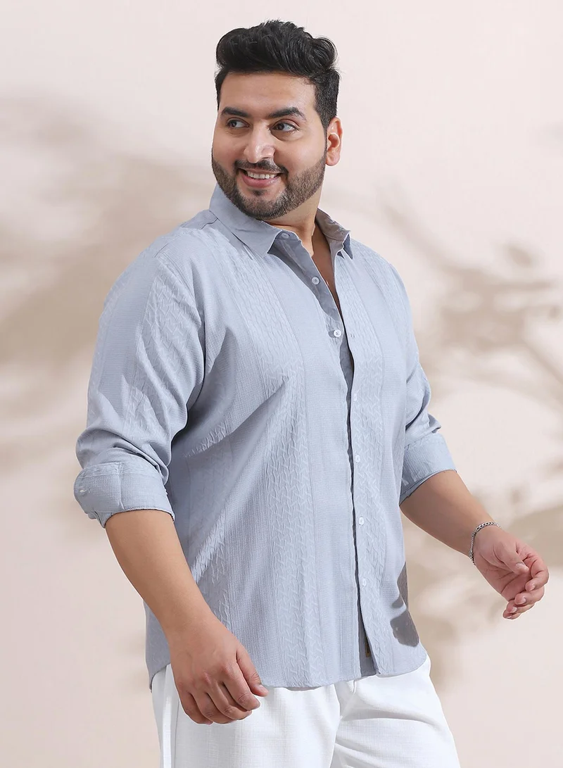 انستافاب بلس Men's Cloud Grey Tactile-Panel Shirt For Casual Wear | Spread Collar | Long Cuffed Sleeves | Button Closure | Plus Size Shirt Crafted With Comfort Fit For Everyday Wear