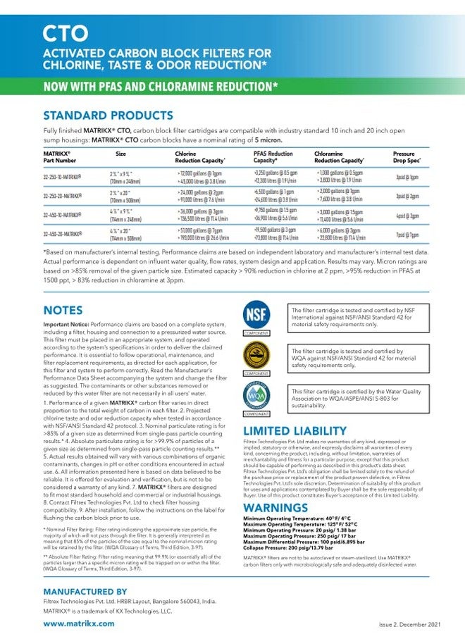 KX Technologies MatriKX Full Flow CTO Carbon Block Filter - Advanced 4.5" x 10" Carbon Water Filter Cartridge with Chloramine and Chlorine Reduction (32-450-10) - Image 4