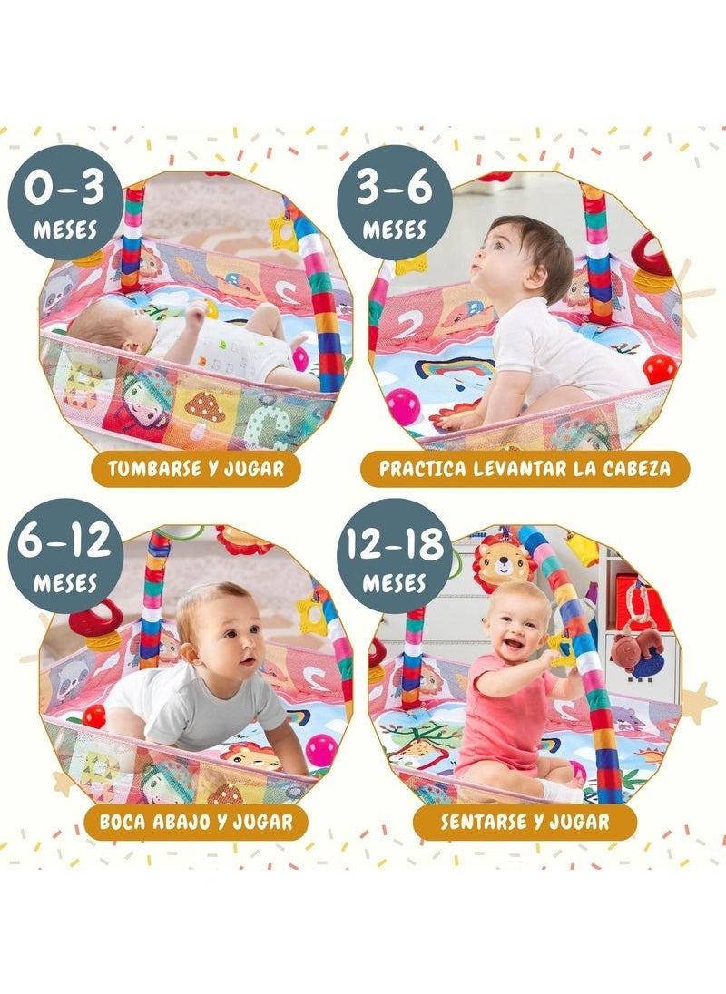 ASIV - Baby Gym 9 in 1 Ball Pool and Interactive Gym Play Mat with 5 Removable Hanging Musical Toys Learning Play Mat with Music Gym Mat Cognitive Toy (Leo) - Image 1