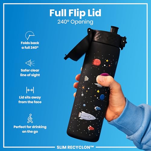 Ion8 Water Bottle, 500 ml/18 oz, Leak Proof, Easy to Open, Secure Lock, Dishwasher Safe, BPA Free, Hygienic Flip Cover, Carry Handle, Easy Clean, Odor Free, Carbon Neutral, Black, Spaceships Design - Image 4