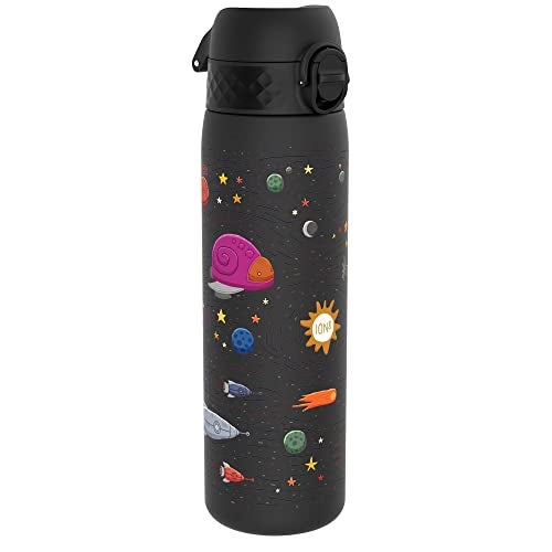 Ion8 Water Bottle, 500 ml/18 oz, Leak Proof, Easy to Open, Secure Lock, Dishwasher Safe, BPA Free, Hygienic Flip Cover, Carry Handle, Easy Clean, Odor Free, Carbon Neutral, Black, Spaceships Design - Image 1