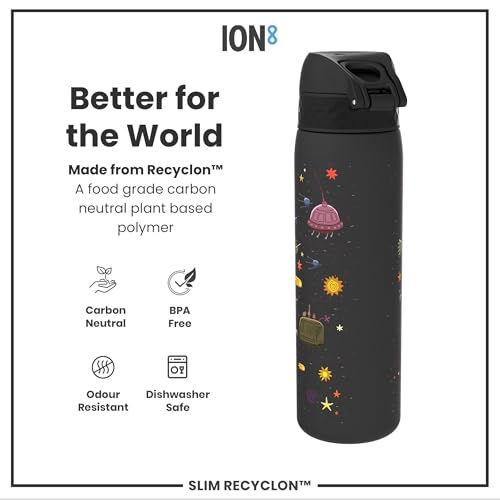Ion8 Water Bottle, 500 ml/18 oz, Leak Proof, Easy to Open, Secure Lock, Dishwasher Safe, BPA Free, Hygienic Flip Cover, Carry Handle, Easy Clean, Odor Free, Carbon Neutral, Black, Spaceships Design - Image 5
