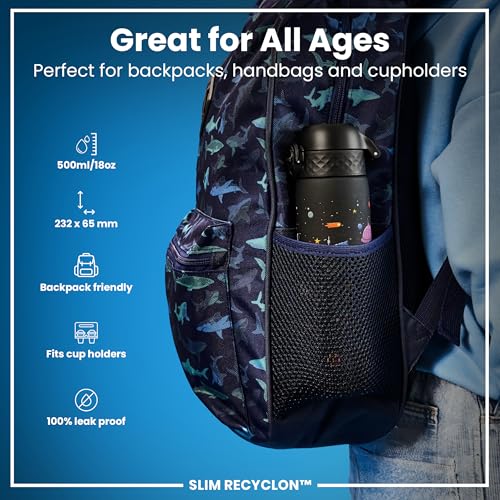 Ion8 Water Bottle, 500 ml/18 oz, Leak Proof, Easy to Open, Secure Lock, Dishwasher Safe, BPA Free, Hygienic Flip Cover, Carry Handle, Easy Clean, Odor Free, Carbon Neutral, Black, Spaceships Design - Image 2