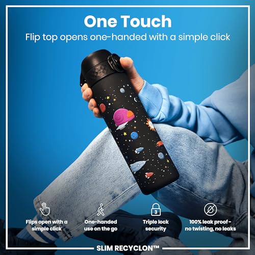 Ion8 Water Bottle, 500 ml/18 oz, Leak Proof, Easy to Open, Secure Lock, Dishwasher Safe, BPA Free, Hygienic Flip Cover, Carry Handle, Easy Clean, Odor Free, Carbon Neutral, Black, Spaceships Design - Image 3