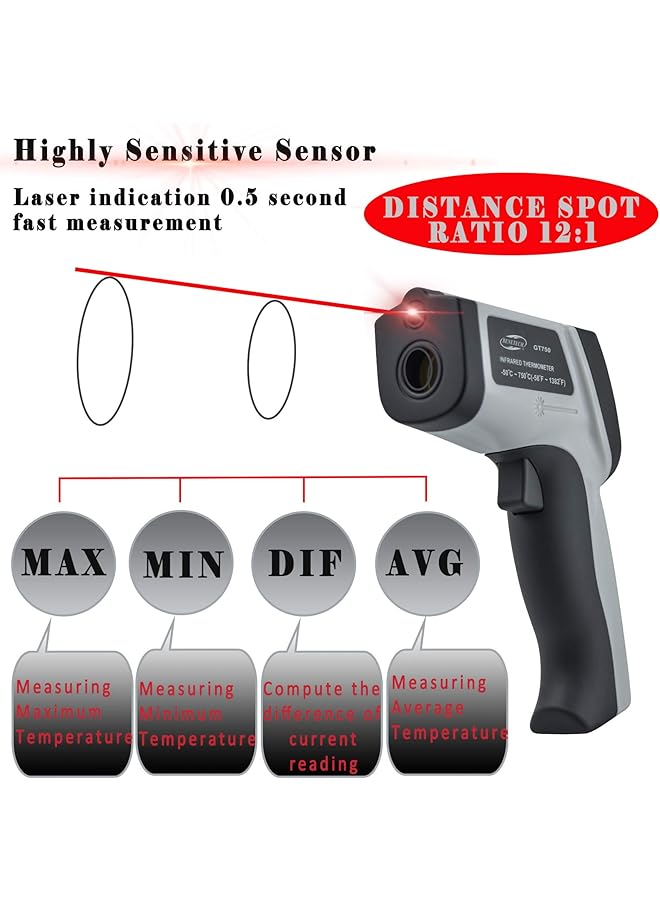 Benetech Gt750 Infrared Thermometer Data Logger -58℉~1382℉(-50℃~750℃) With 30 Groups Memory, Ir Laser Pyrometer Gun With High Low Temperature Alarm & Max Min Dif Avg Value For Cooking Auto Repair - Image 4