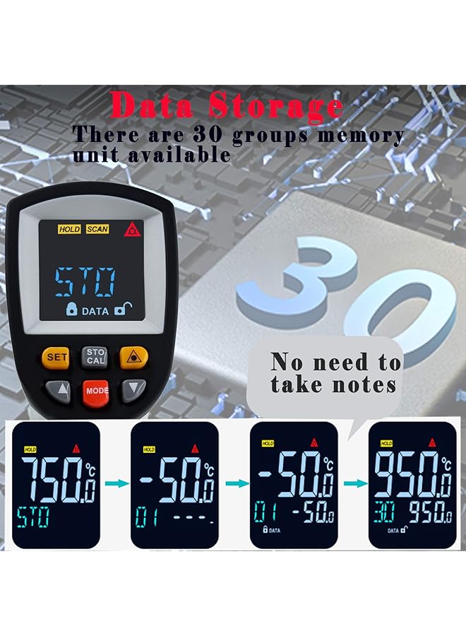 Benetech Gt750 Infrared Thermometer Data Logger -58℉~1382℉(-50℃~750℃) With 30 Groups Memory, Ir Laser Pyrometer Gun With High Low Temperature Alarm & Max Min Dif Avg Value For Cooking Auto Repair - Image 2