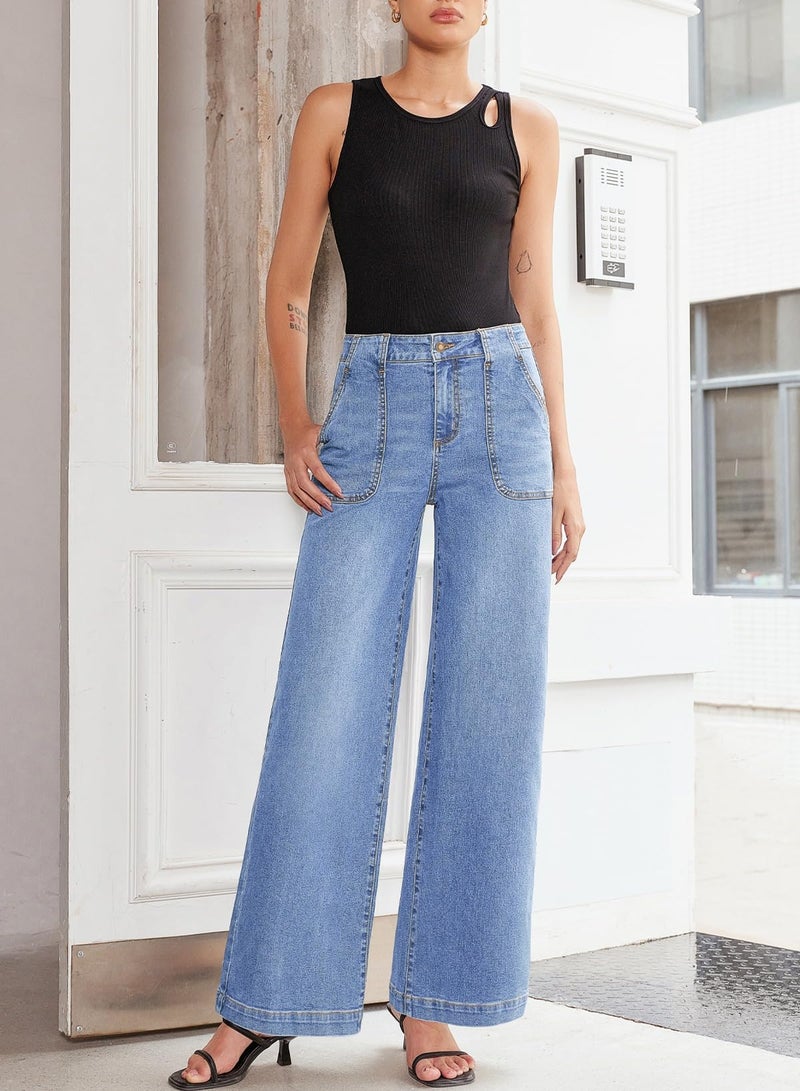 Sidefeel Womens Wide Leg Jeans High Waisted Stretchy Straight Leg Baggy Denim Pants with Pockets Iceland Blue Size 12 - Image 4